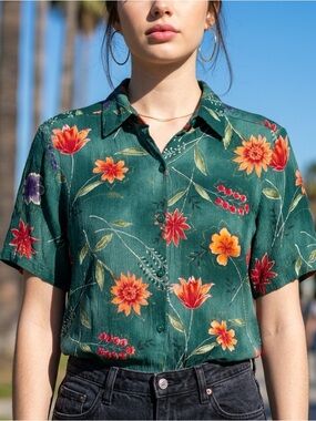 Alfred Dunner Green Floral Button-Down Shirt | Size 16